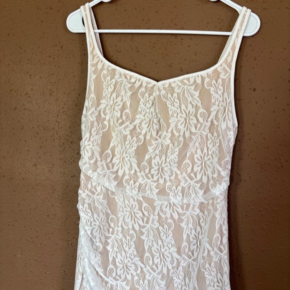 Soly Hux Women White Floral Lace Midi Dress Nude Lining Ruffle Hem Size L - Picture 2 of 5